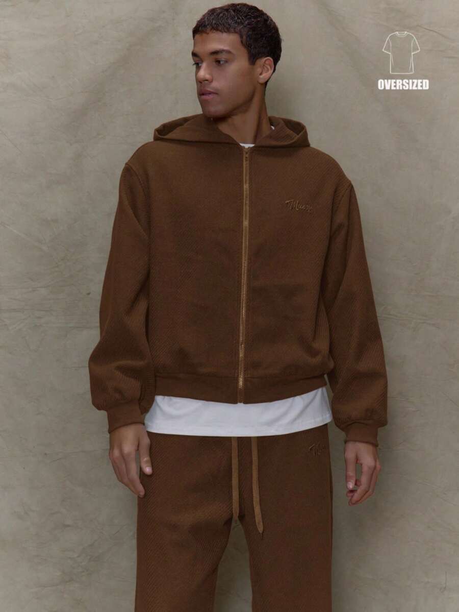 Musero Heavy Oversized Premium Zip Through Hooded Branded Patch Jacket Tracksuit Top Only SPRING SUMMER Essentials - Coffee Brown - View 1