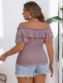 SHEIN VCAY 大码纯色荷叶边露肩T恤 - 淺灰紫 - 查看 2