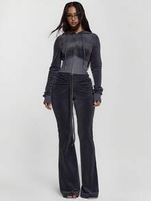 MUSERA Zip Through Fitted Ribbed Snatched Underbust Hooded Velour Sweatshirt Only Night Out Cute - Dark Grey - View 3