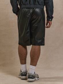 Musero Pantalones cortos básicos de piel sintética con pierna recta y cordón elástico, para primavera y verano - Negro - Ver 4