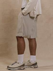 Musero 修身双腰带细节长款翻边短裤 - 卡其色 - 查看 3