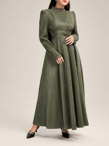Veilorie Women's Solid Color Stand Collar Long Sleeve Twist Front Elegant Dress - Army Green - View 5