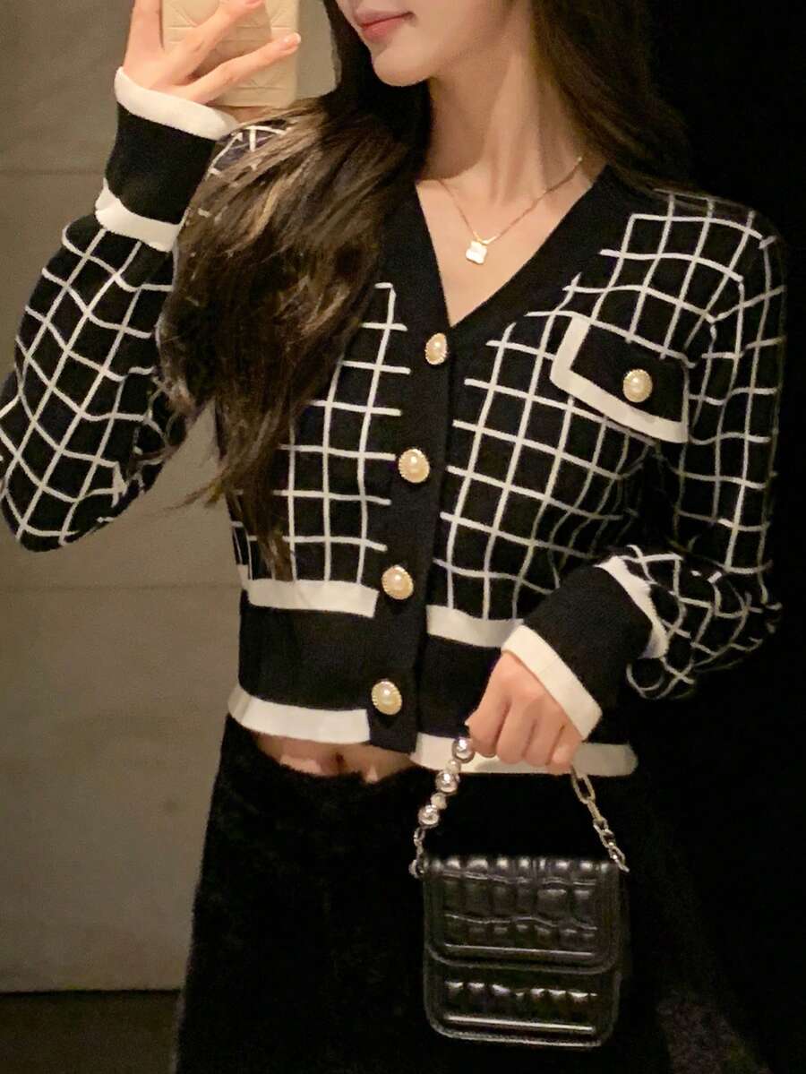 DAZY 女士秋冬格子印花长袖单排扣短款开衫，秋季女装 - 黑色 - 查看 1