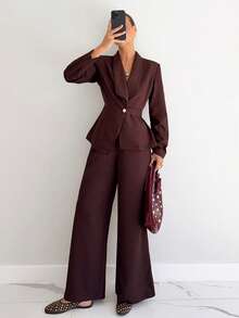 Siren Gaze Women's Solid Color Shawl Collar Long Sleeve Jacket And Wide Leg Pants Casual Suit Set Brown - Rust Brown - View 2