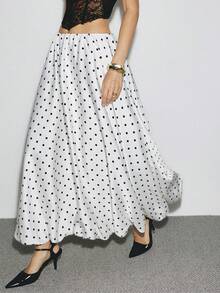 ATUI Studio Women's Elegant Polka Dot Print Skirt, Suitable For Commuting Ladies' Polka Dot Satin Pleated Bubble Long Skirt, Minimalist A-Line Skirt, Ballet Skirt, Daily Casual Wear, Women's Dress, Business Casual Women's Wear, Elegant Dress, School Anniversary Dress, Spring And Summer Women's Dress, Princess Style Women's Dress, Fluffy Dress, Fairy Dress, Lantern Dress Spring Version - White - View 1