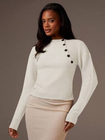 Athîral Women's Casual Everyday Commute Simple Solid Color Button Decor Fitted Sweater, Autumn/Winter