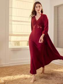 PREMIUM 对比色蕾丝腰带长袍 - 酒紅色 - 查看 3