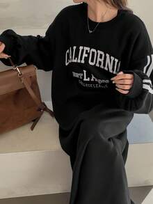 DAZY 女士纯色抓绒休闲宽松长袖印花中长连衣裙 - 黑色 - 查看 2