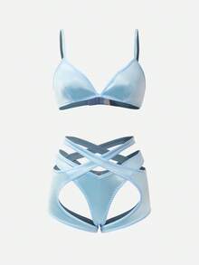 SuitURBody 女士蓝色内衣套装，含吊袜带，时尚三角杯文胸和内裤三件套，适合旅行、度假、卧室和日常穿着。 - 藍色 - 查看 4