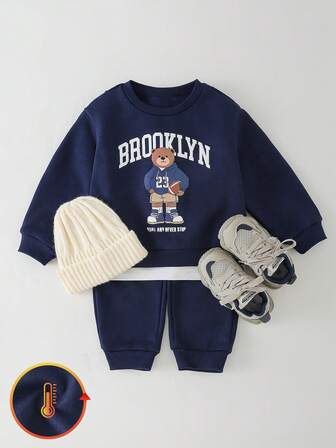 THE HAPPY LOOK 2pcs Baby Boy Cartoon Bear Pattern Knit Soft Crew Neck Long Sleeve Pullover Sweatshirt And Elastic Waist Pants Set