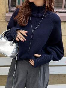 FRIFUL 女士纯色高领插肩袖灯笼袖时尚宽松针织套头毛衣 - 藏蓝色 - 查看 3