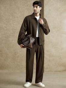 Core Aspect Men's Denim Effect Casual Retro Jacket Set, Autumn/Winter - Brown - View 5