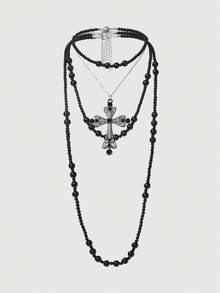 ROMWE Goth Black Multi-Layered Necklace With Black Pearls, Rhinestone, And Cross Pendant, Fashionable And Sophisticated Jewelry For Men And Women - Black - View 1