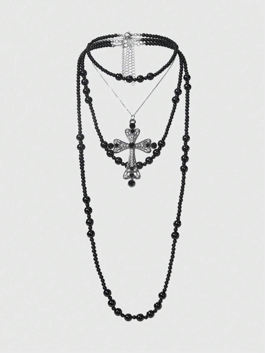 ROMWE Goth Black Multi-Layered Necklace With Black Pearls, Rhinestone, And Cross Pendant, Fashionable And Sophisticated Jewelry For Men And Women - Black - View 1