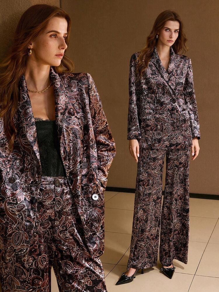 VELVET ALLOVER PRINT LAPEL COLLAR BLAZER