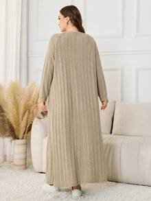 SHEIN Lacomfia Knitted Ribbed Fleece Raglan Sleeve Long Loose Comfortable Casual Simple Plus Size Dress For Women - Khaki - View 2