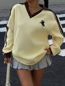 Muchica Women's Autumn/Winter Thermal-Lined Contrast Color Ribbon Embroidered Loose Polo Neck Sweatshirt For Going Out Outfits, Streetwear, Y2K Clothes