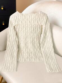 INAWLY Fashionable Casual Women Navy Collar Loose Knit Hollow Out Cardigan Sweater - Apricot - View 3