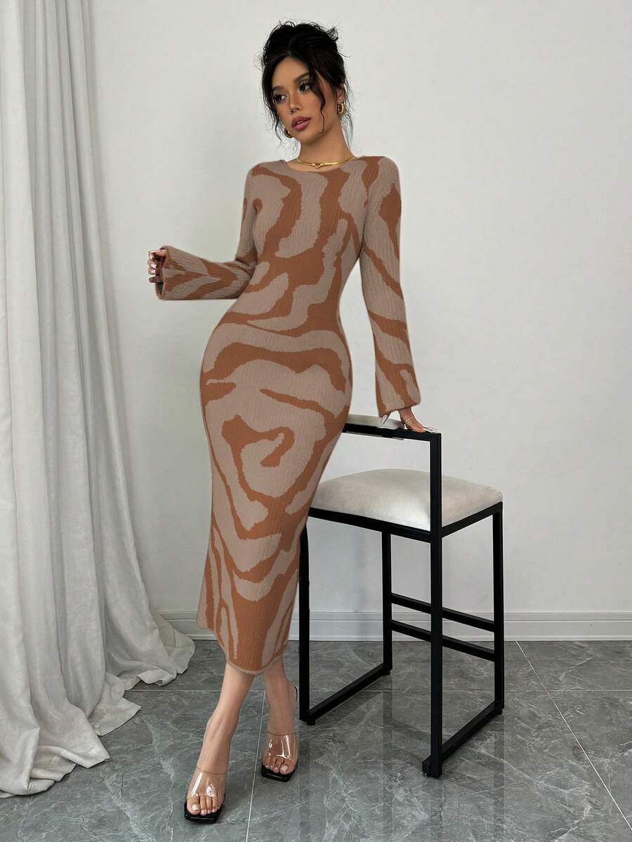 Elenzga Vestido de suéter para mujer con mangas acampanadas - Caqui - Ver 1
