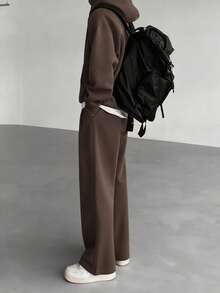 DAZY Men's Solid Color Hoodie Set With Thermal Lining, Brown, Autumn/Winter - Coffee Brown - View 2