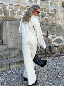 Jeta Ari 2pcs Elderly Women Casual Comfortable Loose Knit Sweater And High Waist Elastic Pants Set, Autumn/Winter, Fall And Winter, Casual, White, Longsleeve,Women's Fall Clothes - Apricot - View 2