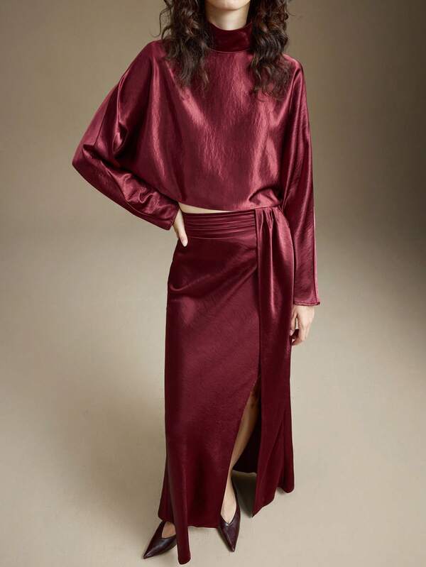 Ontre Conjunto de 2 piezas con blusa de manga de murciélago con cuello mao de unicolor y falda A-line con abertura lateral