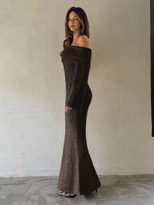 Aloruh 女士加厚罗纹露肩长袖修身长款毛衣连衣裙，粉色，秋冬款 - 棕色 - 查看 6