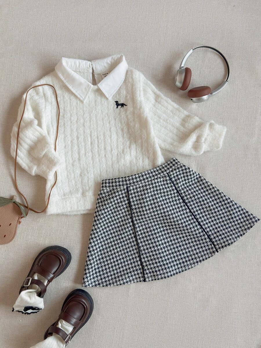 PrepCrw Set de 2 bucăți pentru fete tinere, elegant, urban, versatil, 2 în 1, cu guler alb, hanorac tricotat cu dungi albe și fustă mini clasică alb-negru cu model Houndstooth, potrivit pentru ieșiri casual, excursii, întâlniri, sărbători, toamnă și iarnă. - Alb-negru - Vizualizare 1