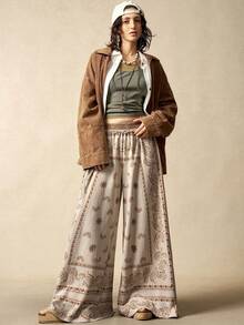 Bohemela BOHO Casual Vacation Nomadic Style Paisley Knit Print Loose Wide Leg Women Sweatpants, Autumn/Winter - Khaki - View 8