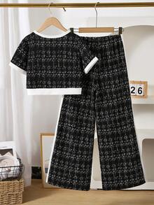 Firerie Kids Firerie Kids 少女休闲正式优雅返校套装，黑白格纹撞色珍珠纽扣上衣搭配直筒撞色长裤两件套 - 黑與白 - 查看 3