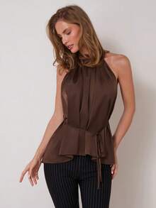 COSMINA Women's Elegant Waist Tie High Collar Ruched Satin Sleeveless Tank Top, Versatile For Commuting And Daily Wear, All Seasons, Chocolate Brown Top, Dark Brown Top , Brown Top Women , Coffee Brown Top - Green - View 3