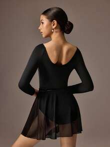 SHEIN Justaucorps de ballet à manches longues noires avec dos ajouré et jupe en tulle pour adolescentes, combinaison de danse de ballet à 4 voies extensible et très élastique