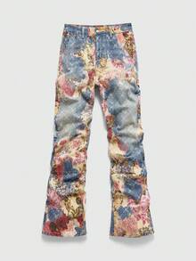 ROMWE MEN Spring Casual Graphic Men'S Floral Pattern Pocket Straight Loose Fit Jeans - Blue - View 1