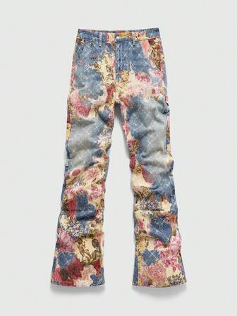 Casual Jeans rectos y holgados con estampado floral para hombre
