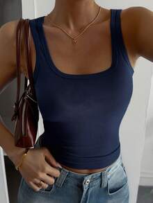 DAZY Áo ba lỗ trơn màu thường ngày cho nữ, mùa hè - Màu xanh hải quân - Xem 4