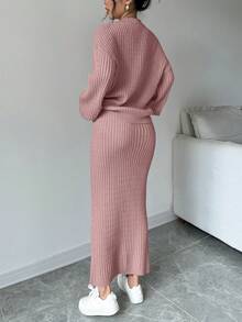 Elenzga 女士休闲通勤简约纯色V领落肩宽松纽扣开衫针织半身两件套，秋冬款 - 藕粉色 - 查看 2