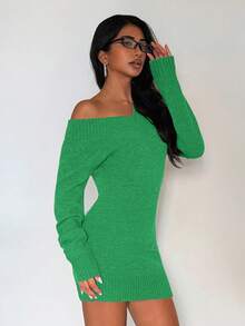SHEIN Unity V-Neck Knitted Women's Bodycon Sweater Dress, Autumn/Winter - Green - View 7
