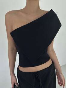 DAZY Áo thun trơn màu trơn vai chéo thường ngày mùa hè dành cho nữ - màu đen - Xem 6