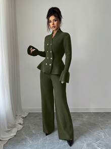 Elenzga Bộ 2 món: Áo khoác cardigan cổ đứng tay loe thắt eo thanh lịch dành cho người đi làm thường ngày màu xanh lam & áo len dệt kim ống đứng, Thu/Đông - màu xanh lá - Xem 6