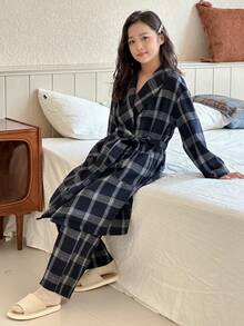 DAZY 2pcs/Set Tween Girls Plaid Minimalist Mid-Length Robe & Straight Loose Pajama Pants, Comfortable Home Wear For Fall - Navy Blue - View 4