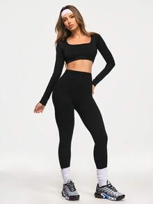Eassivo Eassivo Women's Seamless Black 2 Piece Workout Set,Long Sleeve Open Back Crop Top & High Waist Scrunch Leggings, Yoga Outfit Gym Activewear - Black - View 4