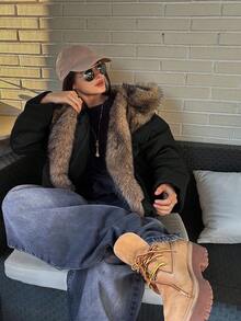 DAZY 女士拼接毛领宽松长袖连帽休闲街头风羽绒服，秋冬款 - 黑色 - 查看 2