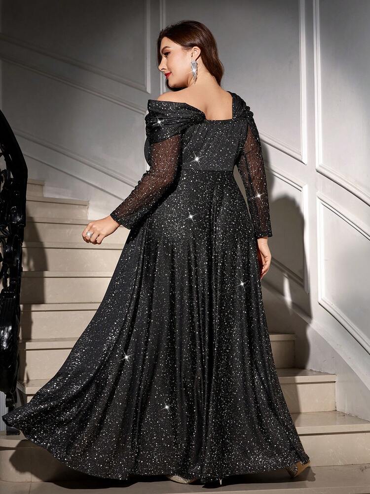 SHEIN Clasi Plus Size Women's Shiny Black Hot Stamping Elegant Dress,Autumn Formal Evening Gown,Asymmetrical Neckline Ruffles Textured Fabric Wedding Guest Dress - Black - View 2