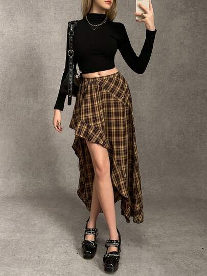 Ardnt 秋冬圣诞新年感恩节派对不对称下摆荷叶边格子裙，朋克摇滚风时尚，适合初秋，个性女孩的独特派对装扮，不对称裙摆，西部风格子裙，女士方格裙，高低摆裙，棕色女裙