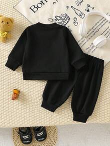 SHEIN Playful Pals 新生男宝宝复古条纹印花长袖圆领卫衣和运动裤套装 - 黑色 - 查看 2