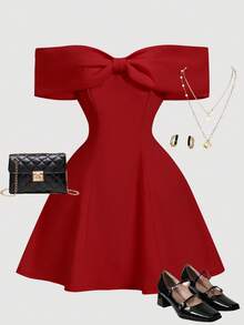 Girlism 少女露肩蝴蝶结红色派对迷你连衣裙 红色连衣裙 露肩连衣裙 蝴蝶结露肩连衣裙 红色蝴蝶结连衣裙 - 紅色 - 查看 5