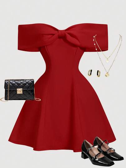 Girlism Vestido mini rojo de fiesta con hombros descubiertos y lazo para adolescentes, vestido rojo con hombros descubiertos, vestido con lazo en los hombros, vestido rojo con lazo
