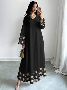 SHEIN Najma 女士刺绣花卉印花V领长袖优雅阿拉伯风格长款连衣裙，春秋季 - 彩色 - 查看 1