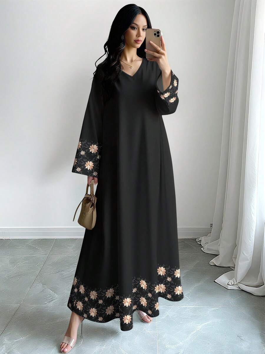 SHEIN Najma 女士刺绣花卉印花V领长袖优雅阿拉伯风格长款连衣裙，春秋季 - 彩色 - 查看 1