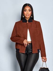 SOLERSUN Jaket Kantor Elegan Bergaris Cokelat untuk Wanita, Jaket Komuter Harian Musim Gugur, Kerah Tinggi Merah Bata, Kerah Kontras Bergaris Hitam, Kancing, Saku Palsu, dan Hem Berkerut - Rust Brown - View 5